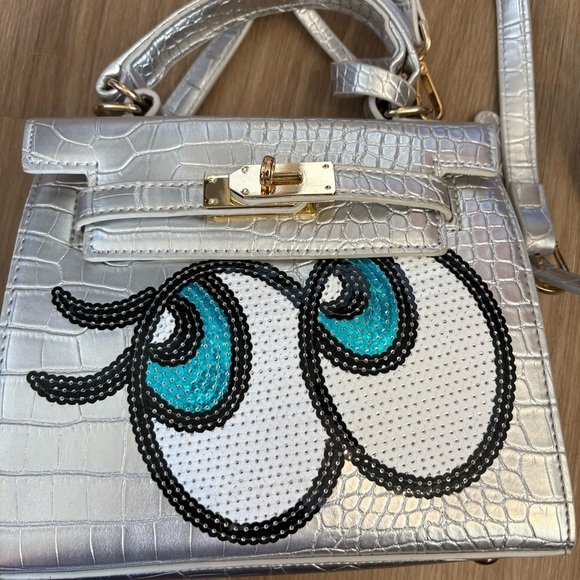 Silver Croc-Embossed Top Handle Novelty Bag with Cartoon Eyes and Gold Hardware - Picture 2 of 6